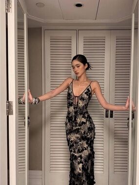 Reformation Black Floral Lace Slip Dress with Cream Lining